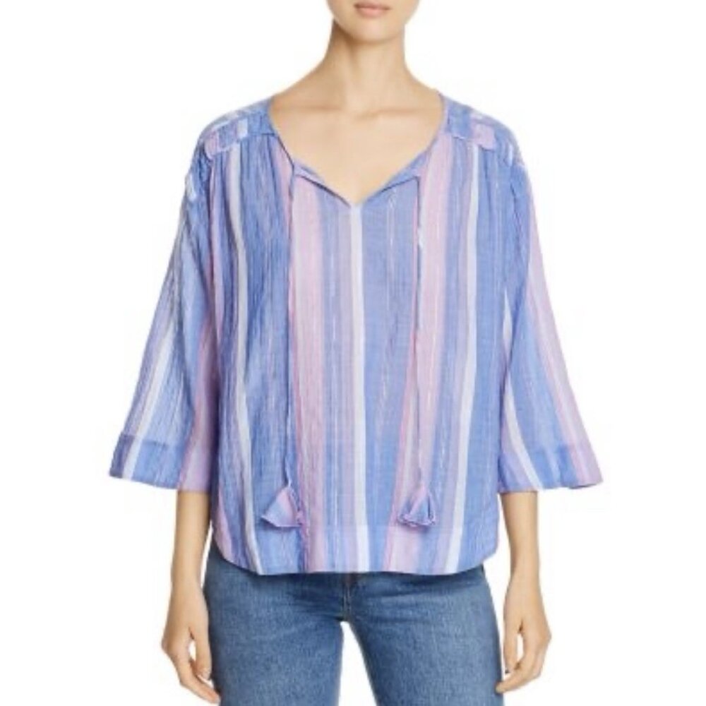 Tommy Bahama Women’s Blouse Small Blue purple Metalic Striped 3/4 Sleeve Coastal - Picture 1 of 12